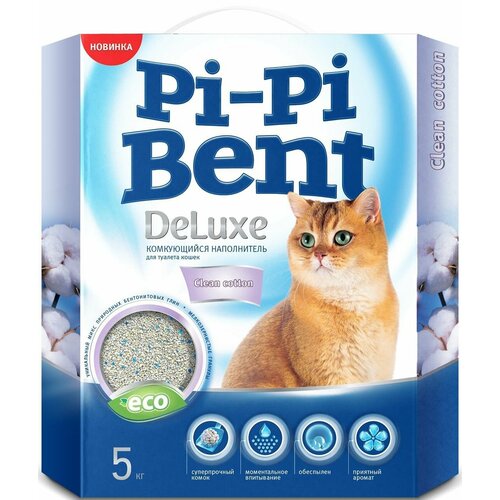 Pi-Pi-Bent DeLuxe "Чистый хлопок" наполнитель для кошачьего туалета минеральный комкующийся 5 кг (12л)