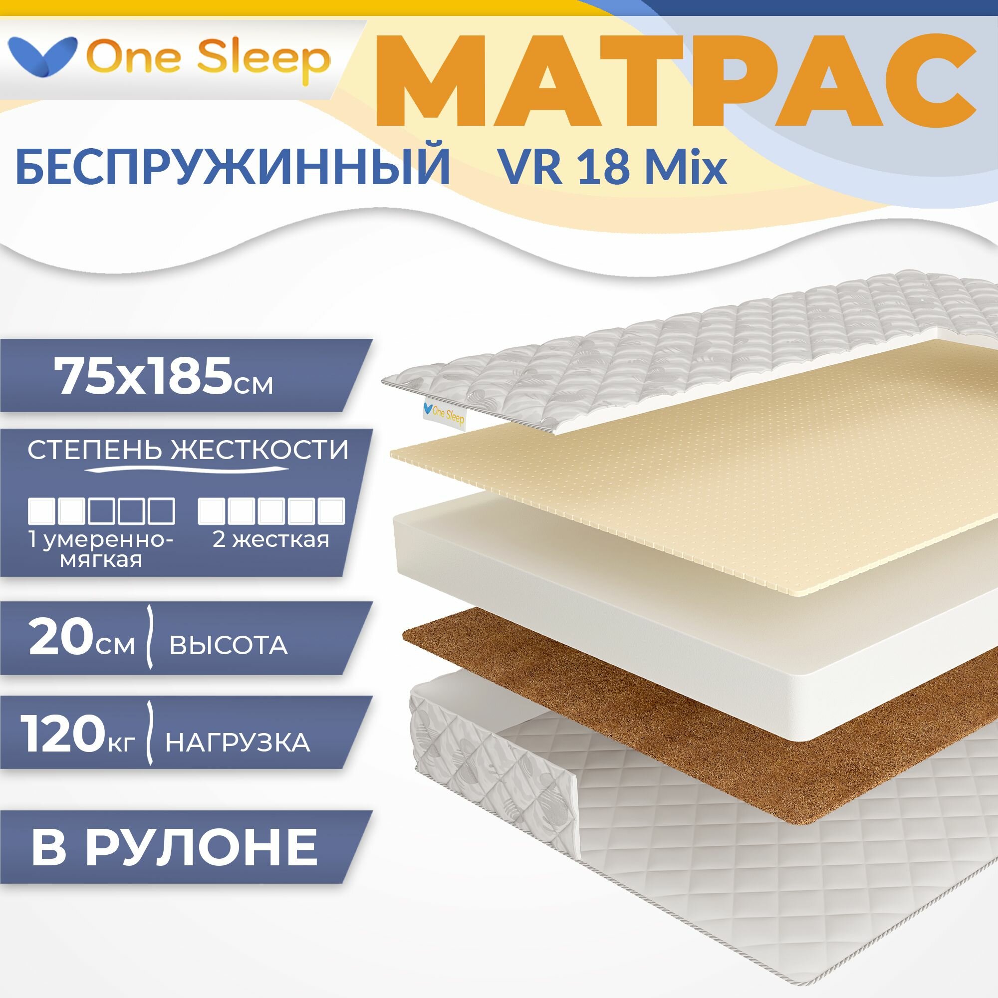Матрас VR 18 Mix 75х185 см, беспружинный, 20 см, односпальный, двусторонний с разной жесткостью, в рулоне