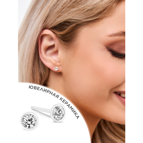 Серьги пусеты Noima, фианит, керамика, размер 5 мм, белый