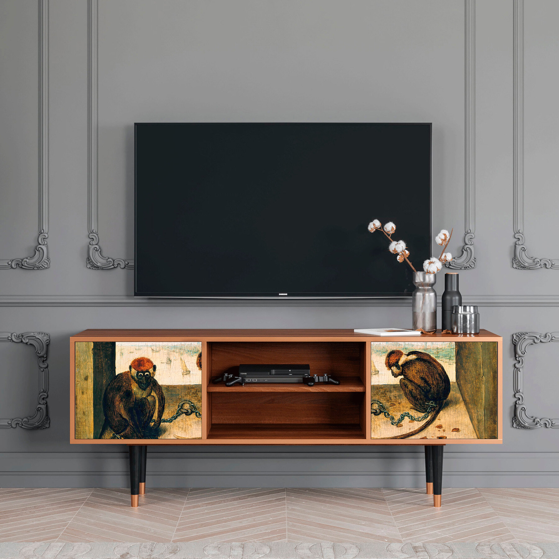 ТВ-Тумба - STORYZ - T2 Two Monkeys by Pieter Bruegel the Elder, Размер - 170 x 69 x 48 см, Цвет корпуса - , Орех