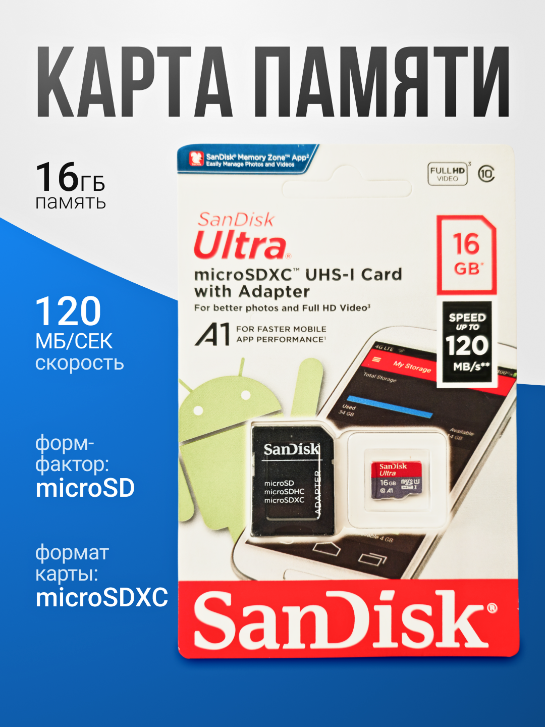 Карта памяти microSD 16/ 32 /64 / 128 /256 ГБ — для смартфонов, камер, видеорегистраторов и не только San Disk