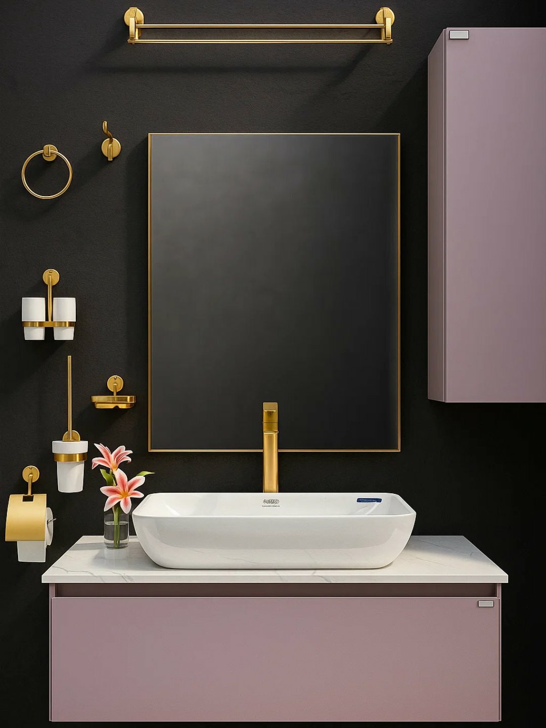 Дизайнерский набор для ванной: зеркало, тумба, раковина и аксессуары Gold