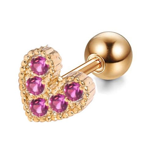 Пирсинг в ухо штанга золотая сердце с розовыми кристаллами