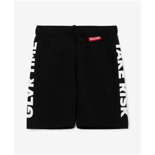 фото Шорты в спортивном стиле с карманами и контрастными вставками черные gulliver, цвет черный, размер 122