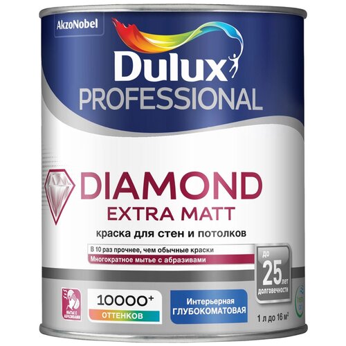 Краска водно-дисперсионная Dulux Diamond Extra Mat для стен и потолков база глубокоматовая белый 1 л краска водно дисперсионная dulux diamond extra mat для стен и потолков база влагостойкая моющаяся глубокоматовая 03bb 17 015 9 л