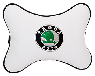 Автомобильная подушка на подголовник экокожа Milk с логотипом автомобиля SKODA
