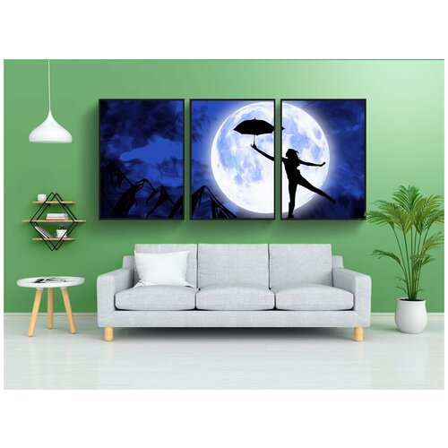 фото Набор модулных постеров для интерьера "девушка весело, женщина играет, луна" 60x90 см. в тубусе, без рамки lotsprints