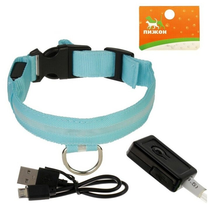 Ошейник с подсветкой, зарядка от USB, размер XL, ОШ 42-56 см, 3 режима, голубой 1698431