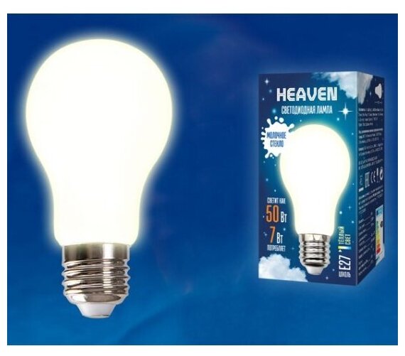 Светодиодная лампа Uniel LED-A60-7W/3000K/E27/FR GLH01WH Форма "A", матовая. Серия Heaven. Теплый белый свет (3000K). Картон. ТМ