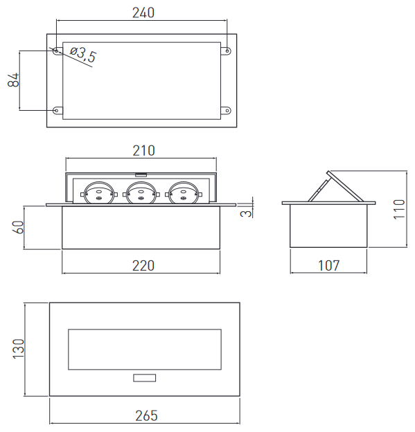 Удлинитель прямоугольный врезной 3 розетки AE-PB03GS-20 (Schuko) черный, без провода GTV - фото №2