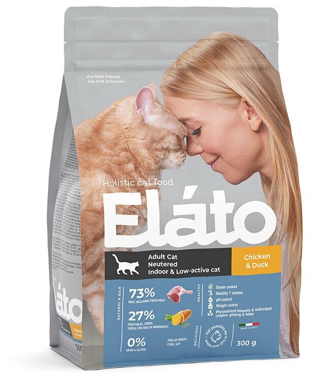 Сухой корм для кошек Elato Holistic для стерилизованных и малоактивных с курицей и уткой 300 г - фотография № 2