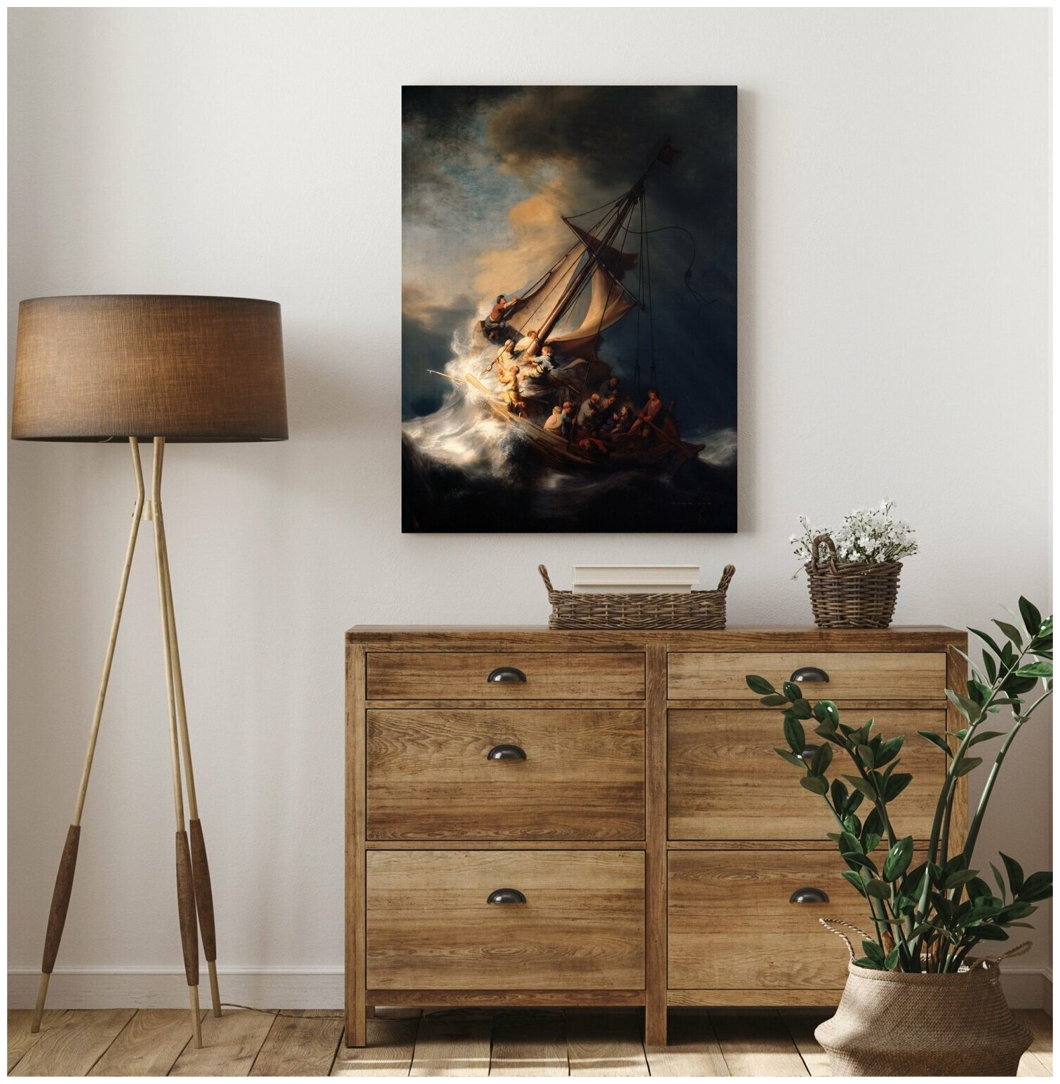 Репродукция Рембрандта Харменса "Христос в шторм на Галилейском море" / 45х60 / Интерьерная картина на холсте / в кухню / в спальню / в гостиную