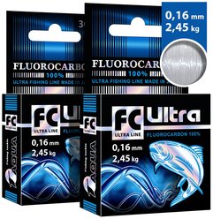 Леска AQUA FC Ultra Fluorocarbon (флюорокарбон) 100% 0,16mm 30m, цвет - прозрачный, test - 2,45kg (набор 2 шт)