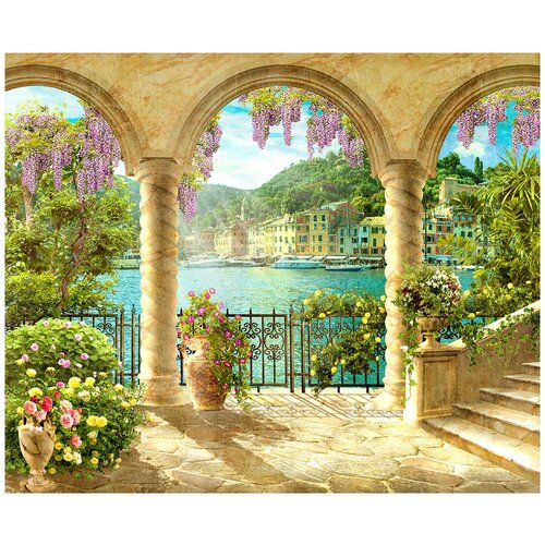 Фотообои Уютная стена Терраса с арками с видом на яхты 330х270 см Бесшовные Премиум единым полотном 16840₽