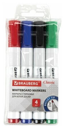 Маркеры стираемые для белой доски набор 4 цвета BRAUBERG "CLASSIC" 3 мм с клипом, 3 шт