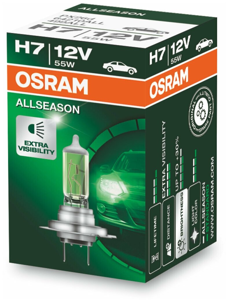 Лампа автомобильная галогенная H7 OSRAM ALLSEASON SUPER 12V 55W, 64210ALL 1 шт, галогеновая лампа h7, h7 лампа для автомобиля, лампа h7, лампочки h7 для автомобилей, лампы osram h7