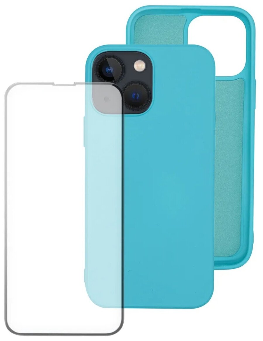 Комплект: Чехол Silicone Case (без лого) + защитное стекло для Apple iPhone 13 / Айфон 13 / Накладка / бампер