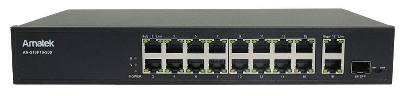 Коммутатор Amatek AN-S18P16A (16 портов (100Мбит/с, RJ45, PoE+), 2 порта (1000Мбит/с, RJ45), 1 слот