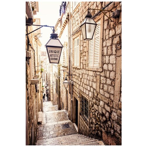Флизелиновые фотообои Уютная стена Узкая улочка с крутой лестницей в Дубровнике. Хорватия 180х270 см с текстурой Песок
