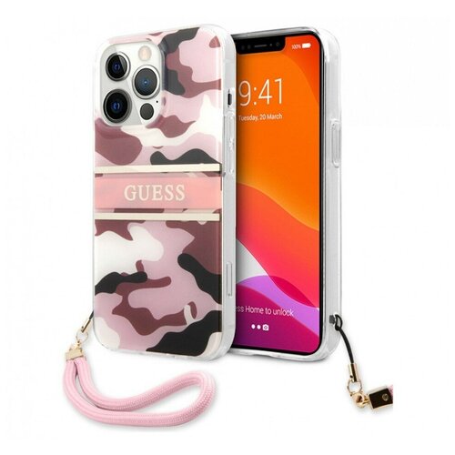 фото Чехол cg mobile guess pc/tpu camo hard + nylon hand cord для iphone 13 pro max, цвет розовый камуфляж (guhcp13xkcabpi)
