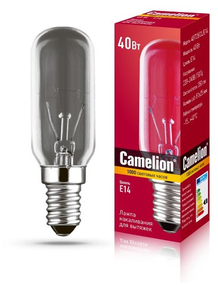 Лампа накаливания Camelion MIC 40/T25/CL/E14 40Вт Е14 для вытяжек (12984)