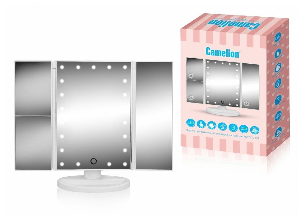 Зеркало с LED подсветкой M217-DL C01 бел.(1x/2x/3x-увелич, дневн. свет, 5Вт,4*LR03 / USB) Camelion