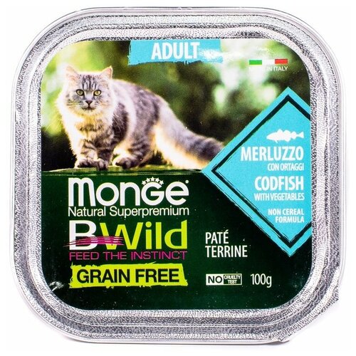 Monge Cat BWild GRAIN FREE беззерновые консервы из трески с овощами для взрослых кошек 100г*32 шт