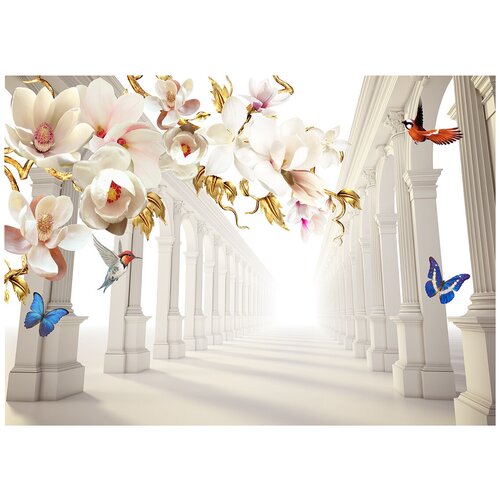 Цветы и бабочки в тоннеле 3D - Виниловые фотообои, (211х150 см)