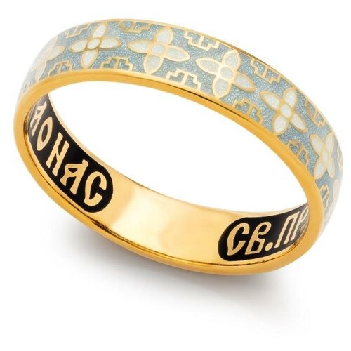 фото Кольцо православное молитва сергию радонежскому серебряное с эмалью бело-серого цвета klspe0614, размер: 17,5 деревцов