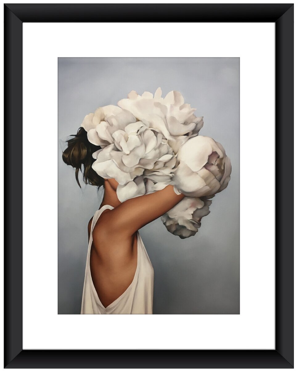 Картина на холсте в раме 35х45, "Девушка c белыми цветами", картина на холсте / в раме