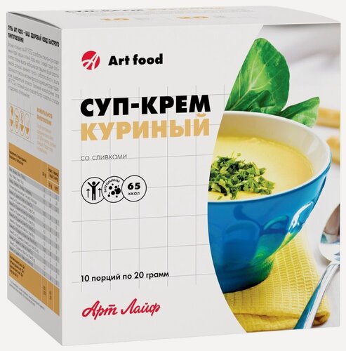 Изображение товара Артлайф Суп-крем Куриный со сливками, 10 порц. по 20 г, низкокалорийный, обогащенный комплексом витаминов, 10 порций Аrtlife / Арт лаЙФ