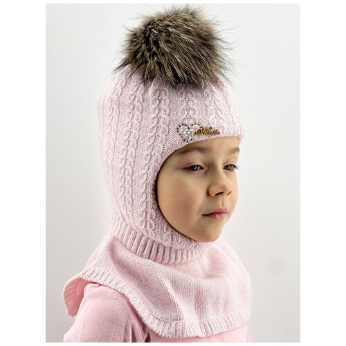 фото Шапка шлем mialt зимняя, шерсть, с помпоном, подкладка, вязаная, размер 48-50, розовый