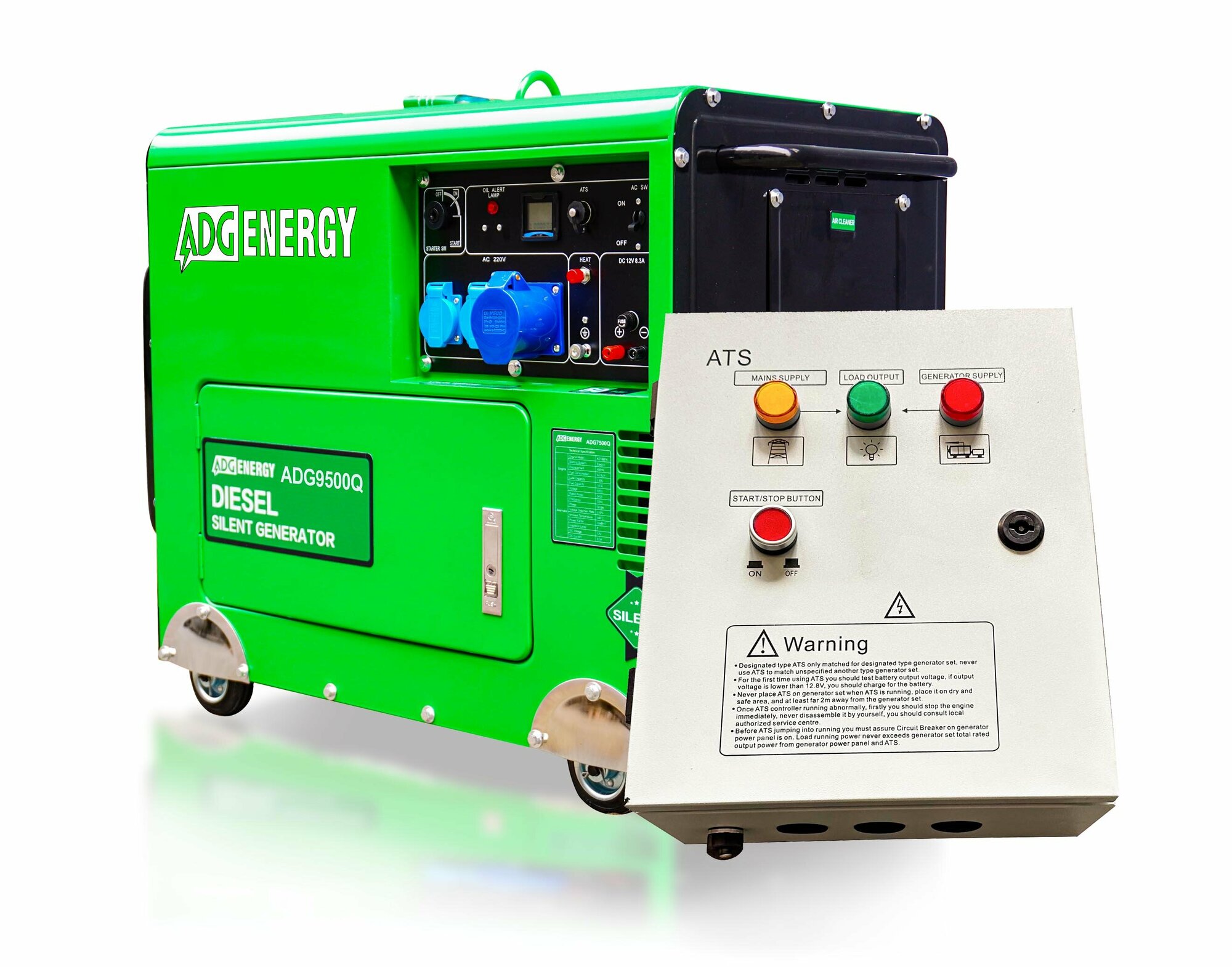 Дизельный генератор ADG9500Q (7,5 кВт, 220В) с блоком АВР, в кожухе, с электрозапуском, бак 12,5 л, автоматический регулятор напряжения.