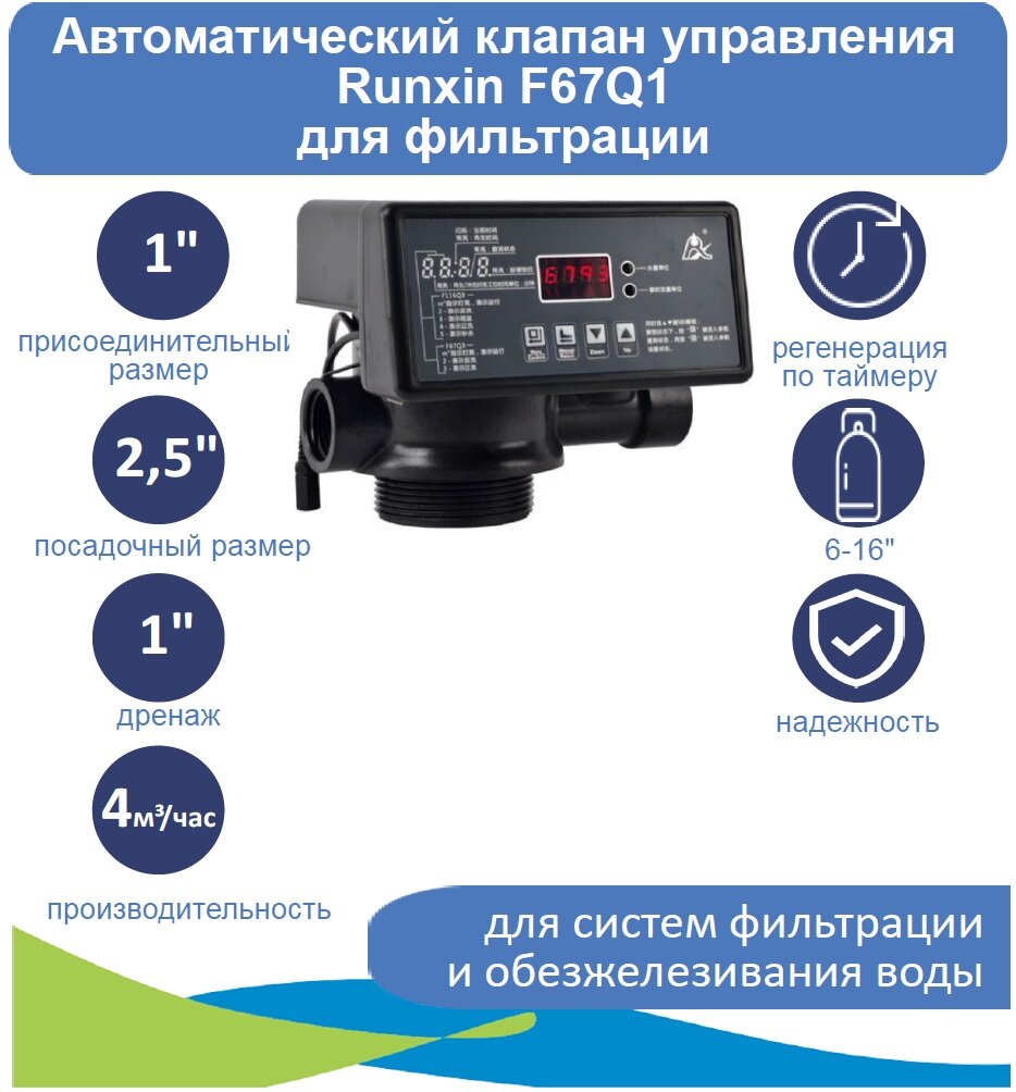 Автоматический клапан управления Runxin F67Q1 для фильтрации, 1", верхний дистрибьютор в комплекте