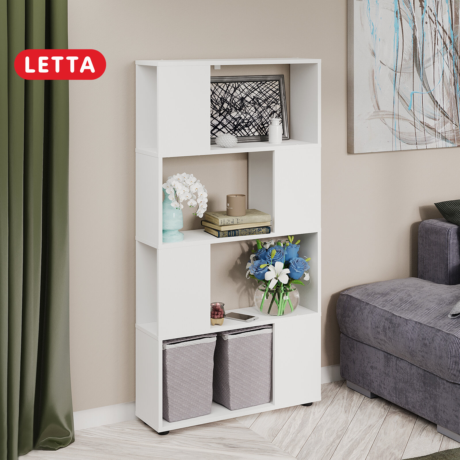 фото Стеллаж Estet Plus 730*1425*220 белое тиснение