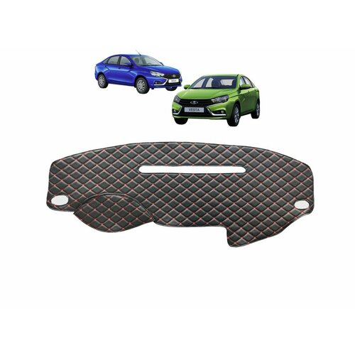 Накидка на панель LADA Vesta (2015-2021) декоративный черный ромб красная нить