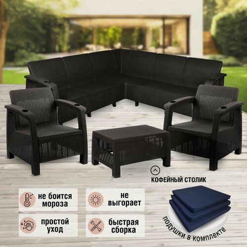 Изображение товара Садовая мебель. Комплект ViCtory Set 5+1+1+Ct+подушки темно-синего цвета