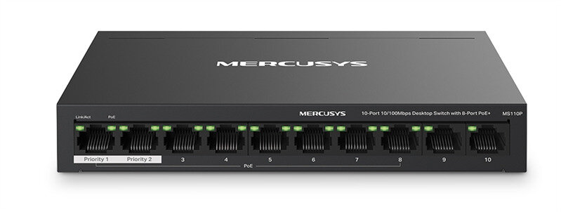 MERCUSYS MS110P, Настольный коммутатор с 10 портами 10/100 Мбит/с (8 портов PoE+) 802.3af/at, бюджет PoE — 65 Вт