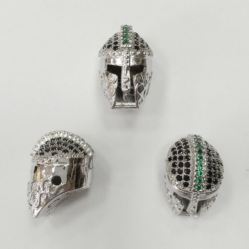 Бусина металлическая, 17х13х11мм, Milano, Греческий шлем с черными и зелеными фианитами, базовый материал - латунь, под родий