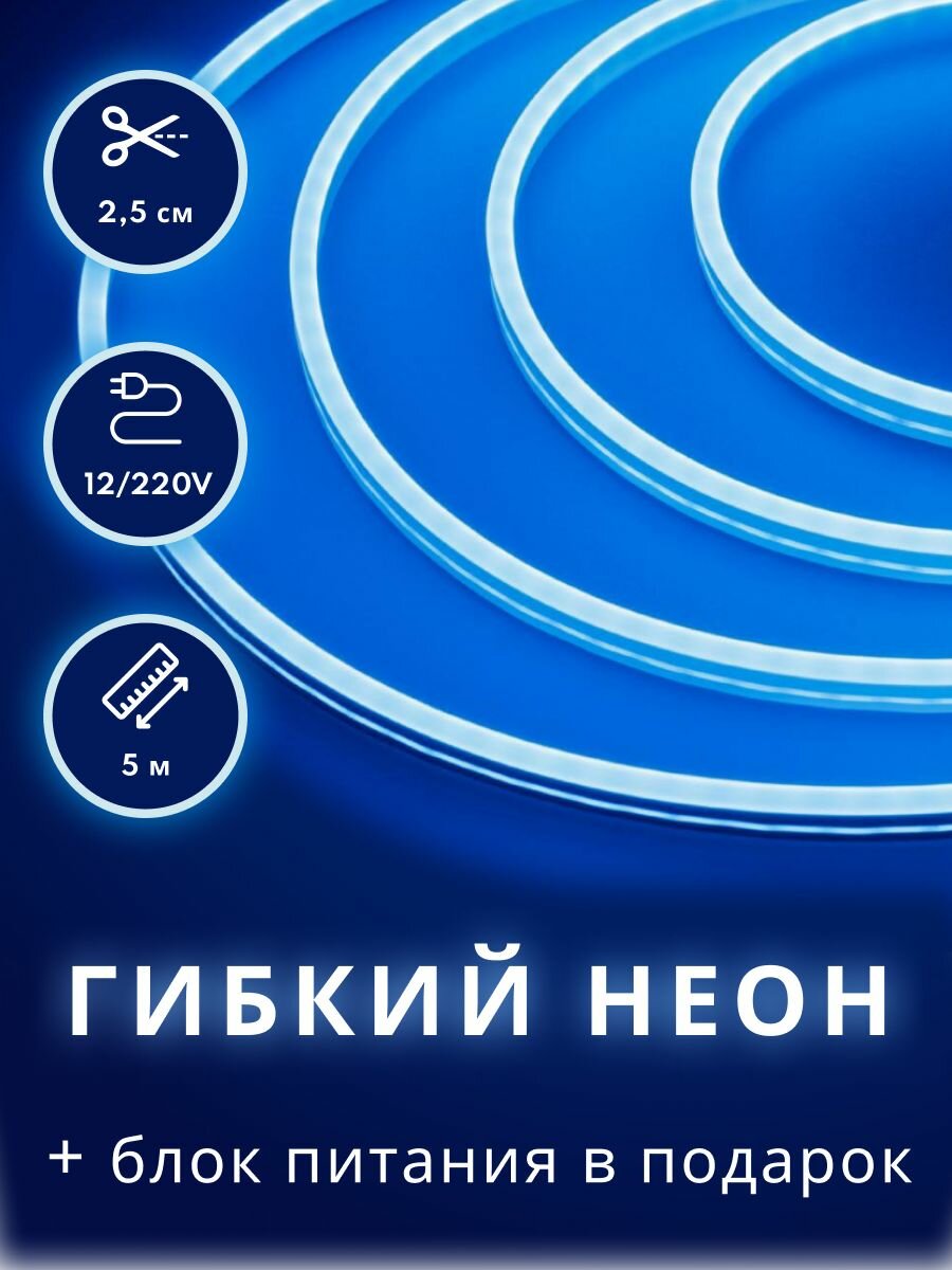 Неоновая светодиодная лента PJ Neon 5 метров с адаптером питания, 6х12, 12В, 9.6Вт, IP67, 120 LED/метр, голубой