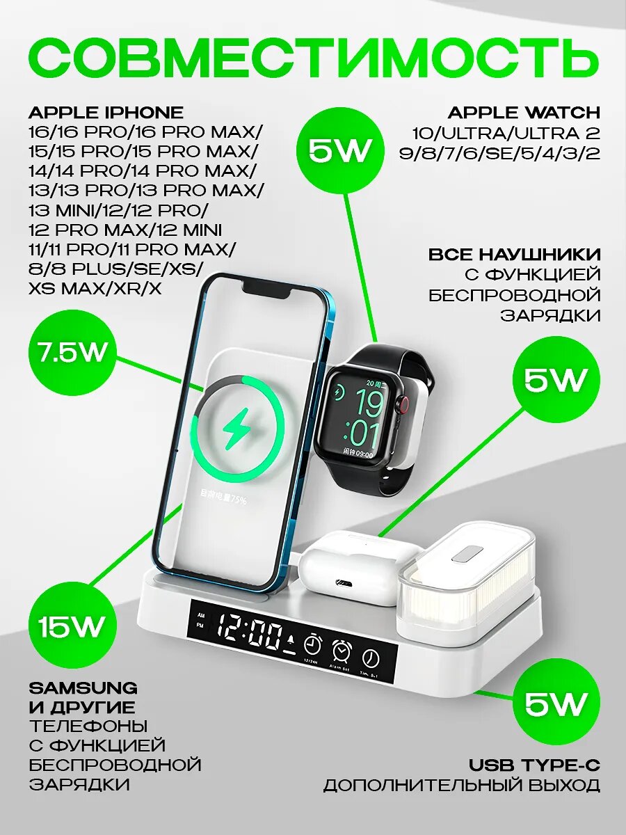 Беспроводная зарядка 4в1: iPhone, AirPods, Apple Watch, часы — фото 1