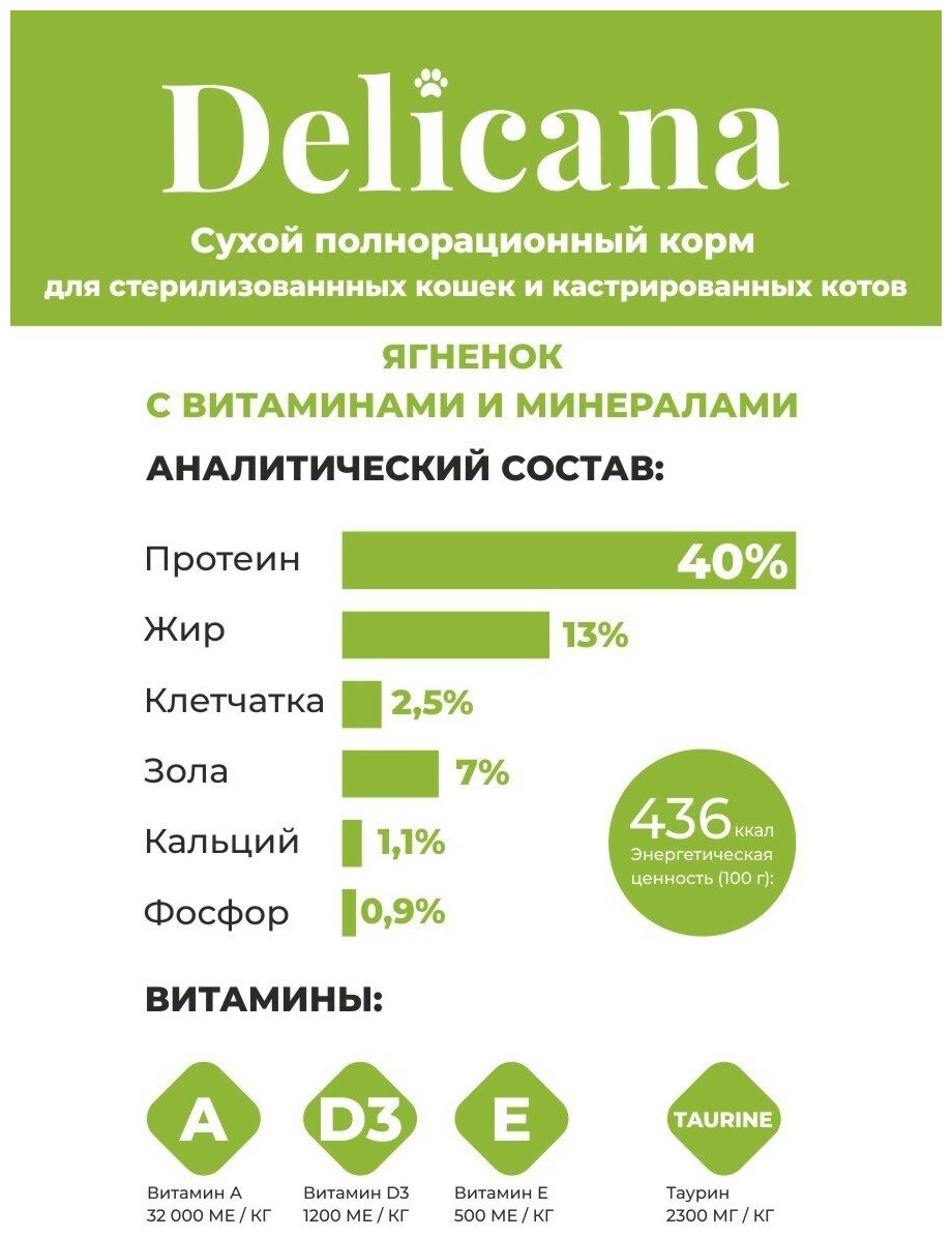 DELICANA Корм сухой для стерилизованных кошек и кастрированных котов Ягненок 400г - фотография № 2