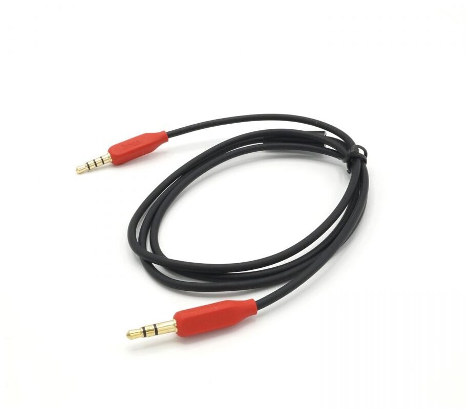 Кабель AUX, Jack 3,5mm(m) - Jack 3,5mm(m) HOCO UPA12, 1.0м, круглый, силикон, микрофон, кнопка ответа, цвет черный с красным