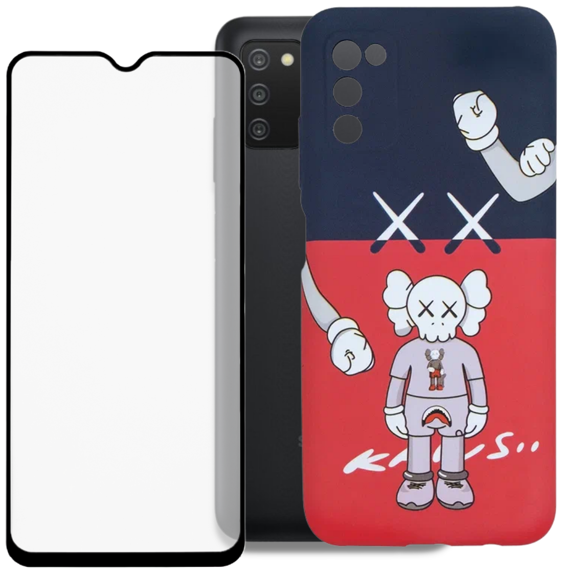 Комплект 2 в 1: Защитный чехол Kaws + защитное стекло для Samsung Galaxy A03s / Накладка / бампер с защитой камеры LUXO на Самсунг Галакси А03с