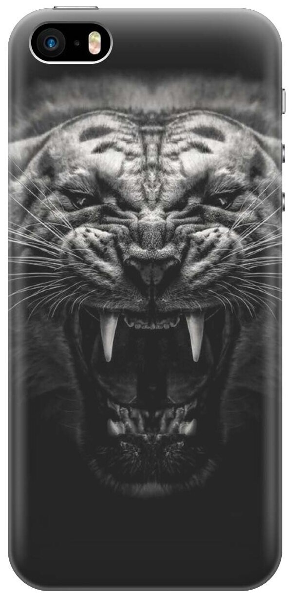 GOSSO Ультратонкий силиконовый чехол-накладка для Apple iPhone SE / 5S / 5 с принтом "Оскал тигра"