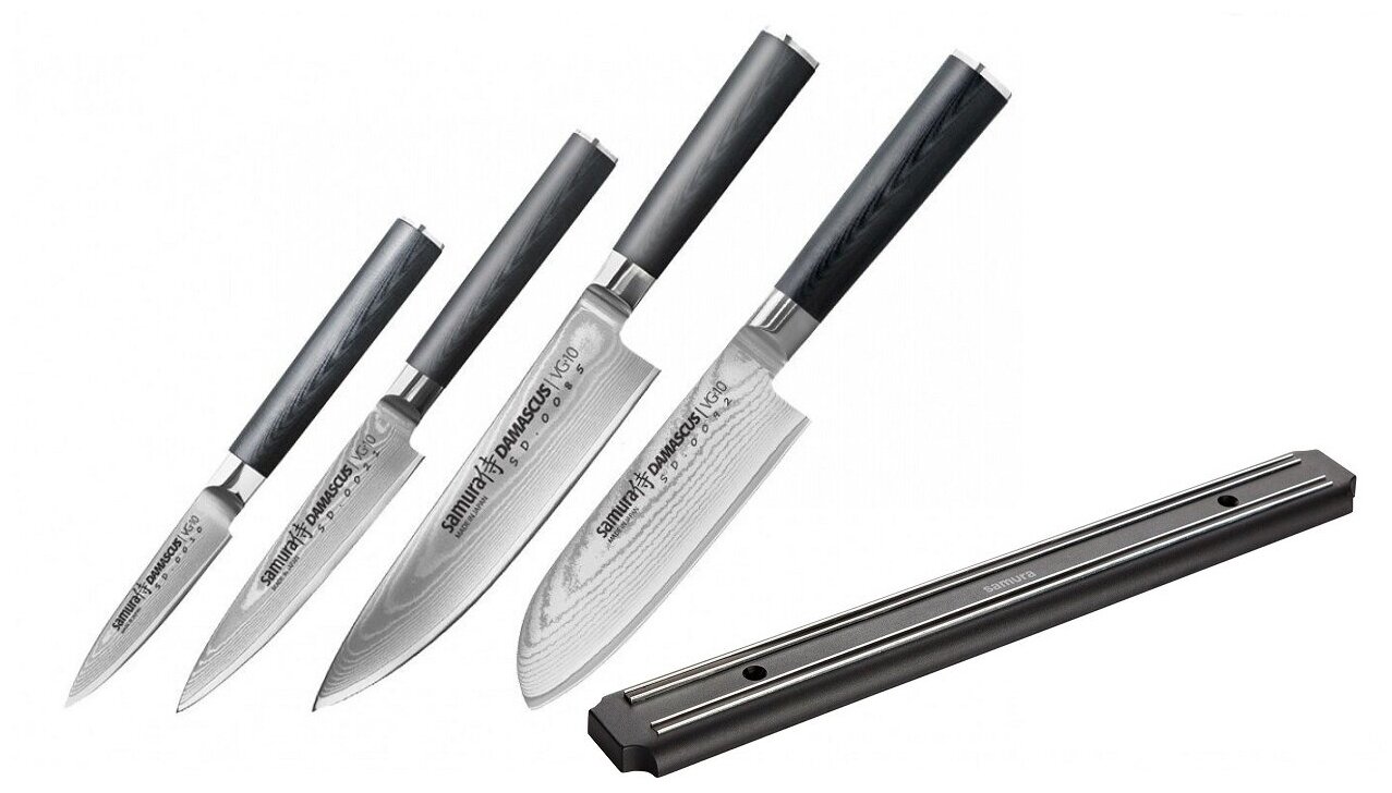 SD-0240МЧД набор из 4-Х ножей SAMURA DAMASCUS овощной, универсальный, ШЕФ, сантоку и магнитный черный держатель