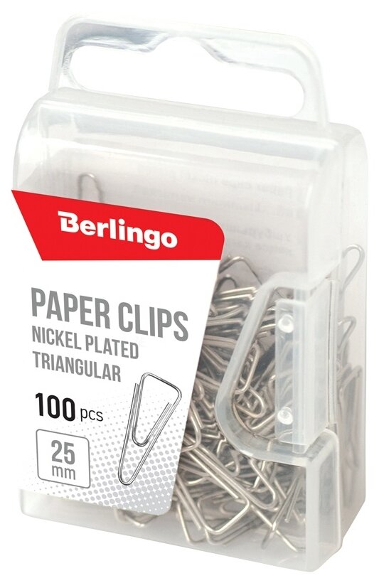 Скрепки Berlingo 25 мм, 100 штук, никелированные треугольные, пластиковая упаковка (DBs_25110)
