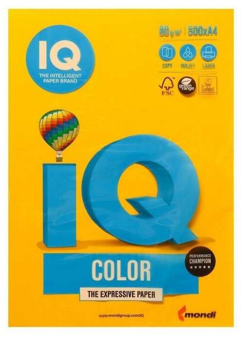 Бумага цветная А4 500 л, IQ COLOR, 80 г/м2, желтый, SY40