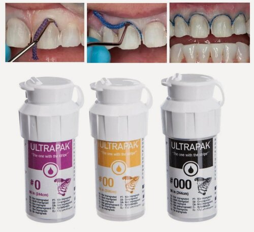 Изображение товара Набор 3 уп , нить ретракционная ULTRAPAK (ультрапак) (#0,#00,#000) (244 см) Десневая Стоматологическая. № : 0/00/000 (розовая, желтая, черная)