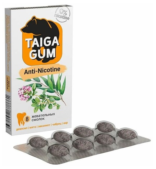 Смолка жевательная TAIGA GUM “Anti-Nicotine” без сахара 6,4гр. - фотография № 1